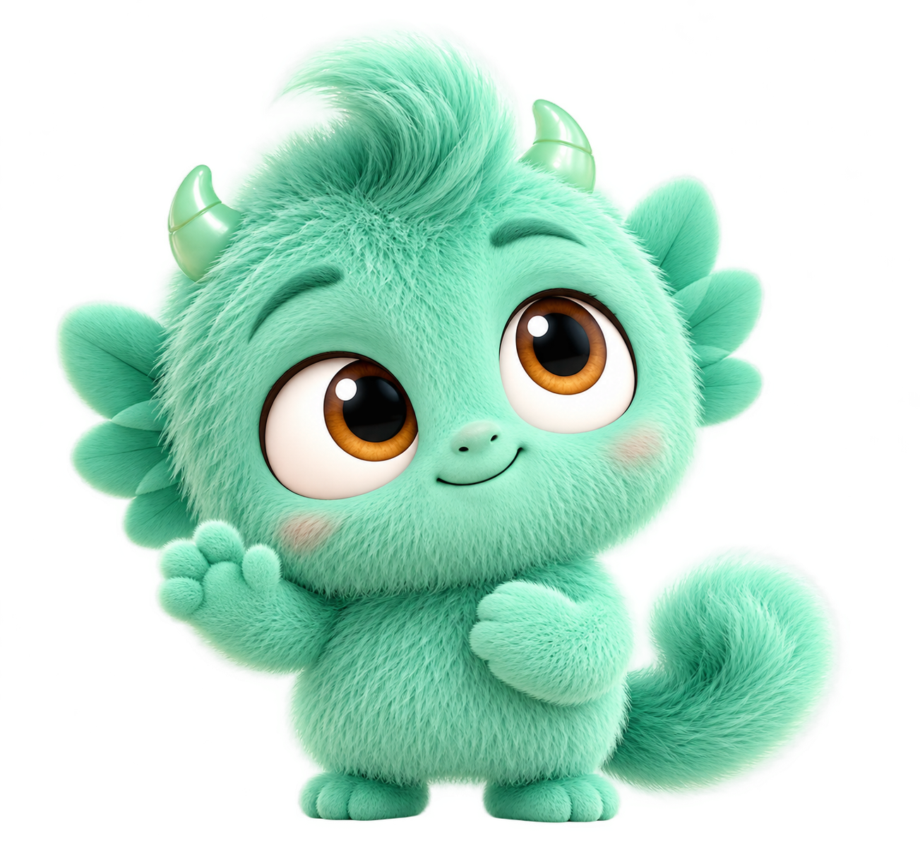 Mint, our soft little green dragon helper, waving hello